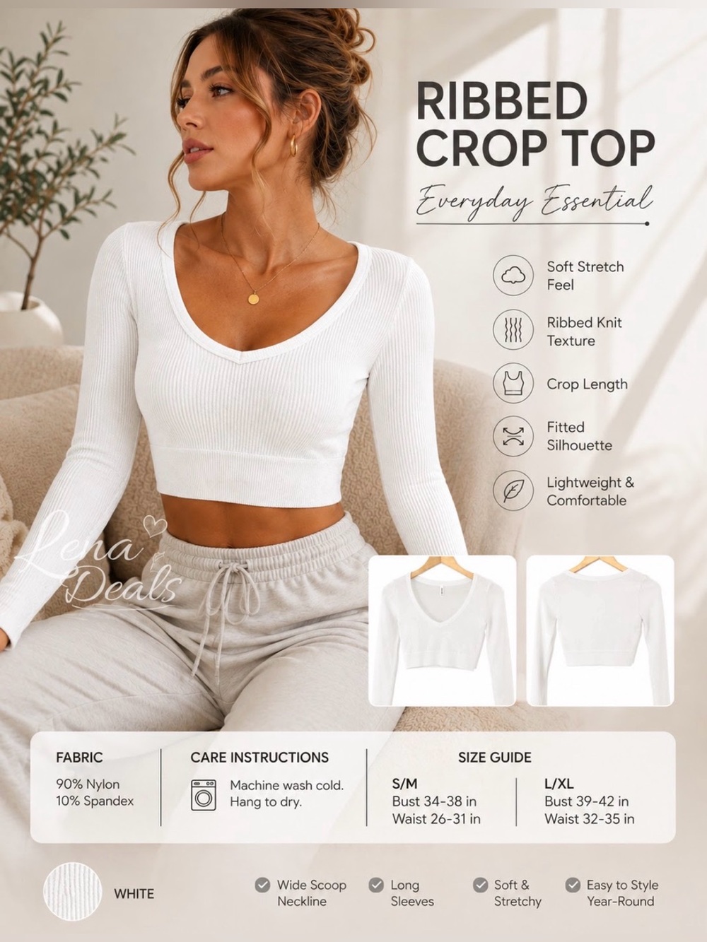 Zenana Heather Ribbed Scoop Neck Crop Top White Long sleeved Soft Sz S/M -L/XL